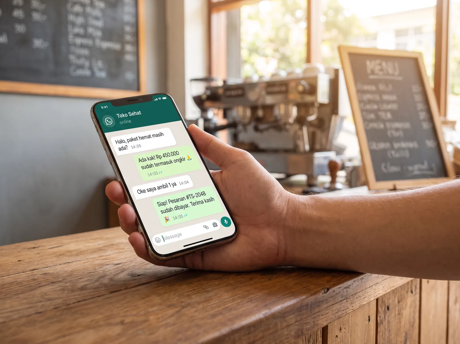 A customer paying for an order in a WhatsApp chat on their phone