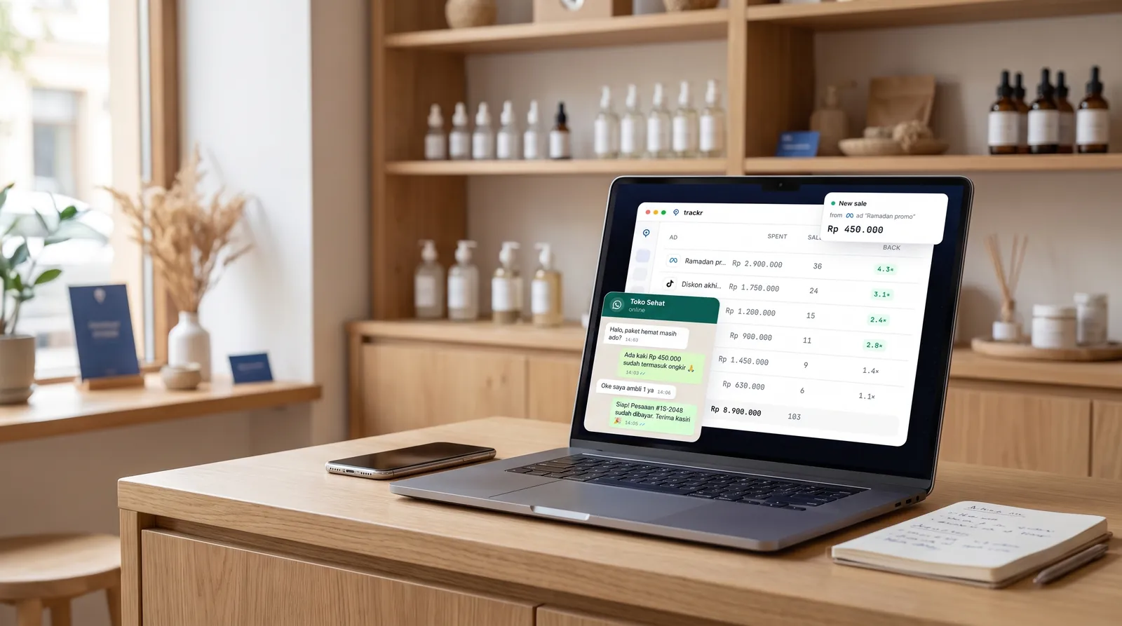 A shop owner checking the trackr dashboard on a laptop at the counter